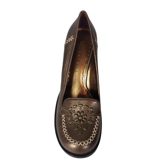 Gianni Bini Bronze Round Toe Block Heels Sz 8.5 Floral Contrast Stitch Workwear - Picture 5 of 12